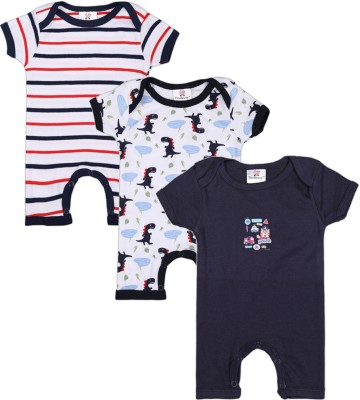 tiniberry Romper For Baby Boys & Baby Girls Striped, Printed Cotton Blend(Blue, Pack of 3)