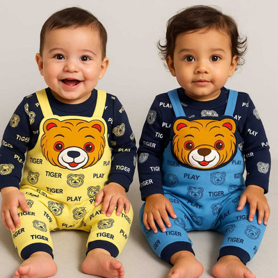 Harshita Dungaree For Baby Boys & Baby Girls Casual Animal Print Cotton Blend(Yellow, Pack of 2)