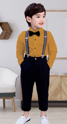 Kilimoli Boys & Girls Party(Festive) Shirt Pant, Suspenders, Bow Tie(Black-Mustard)