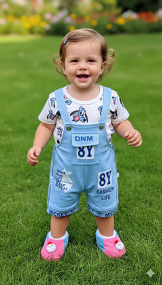 kidschoice Dungaree For Baby Boys & Baby Girls Party Self Design Cotton Blend(Light Blue, Pack of 1)
