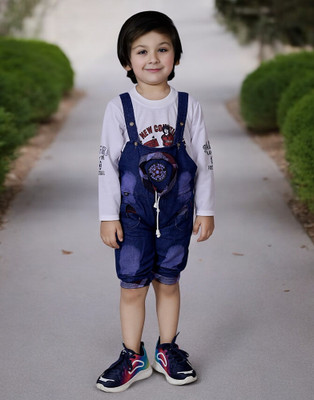 Mini Tikes Dungaree For Boys Casual Printed Hosiery, Denim(White, Pack of 1)