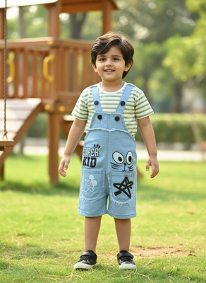 DUNGAREES Dungaree For Baby Boys & Baby Girls Party Printed Denim(Blue, Pack of 1)