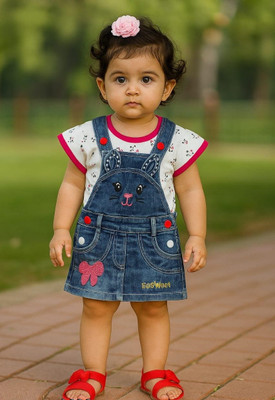 Buble Duble Dungaree For Baby Girls Party Graphic Print Cotton Blend, Denim(Blue, Pack of 1)