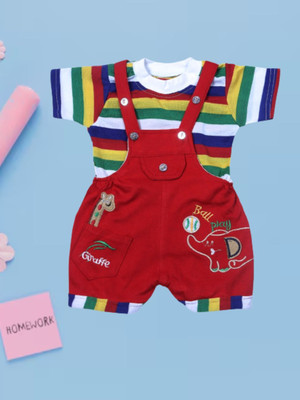 FASHION GRAB Dungaree For Baby Boys & Baby Girls Casual Striped Cotton Blend(Red, Pack of 1)