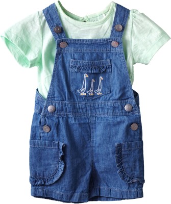 Popees Dungaree For Girls Casual Printed Cotton Blend(Blue, Pack of 1)