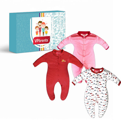 VParents Romper For Baby Boys & Baby Girls Solid, Striped, Printed Hosiery(Red, Pack of 3)