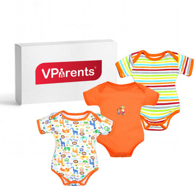 VParents Romper For Baby Boys & Baby Girls Solid, Striped, Printed Hosiery(Orange, Pack of 3)