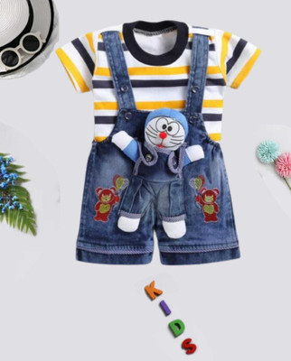 TINY tintin Dungaree For Baby Boys & Baby Girls Casual Checkered, Self Design Cotton Blend, Denim, Polycotton, Polyester, Pure Cotton(Multicolor, Pack of 1)
