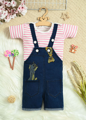 DUNGAREES Dungaree For Baby Boys & Baby Girls Party Printed Denim(Blue, Pack of 1)