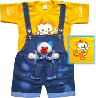 HAMPU Dungaree For Baby Boys & Baby Girls Party Printed Cotton Blend(Yellow, Pack of 1)