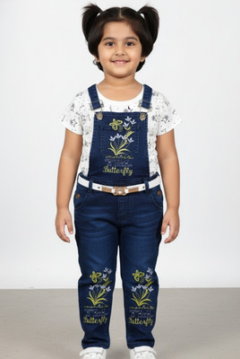 RM Dresses Dungaree For Girls Party Embroidered Denim(Blue, Pack of 1)