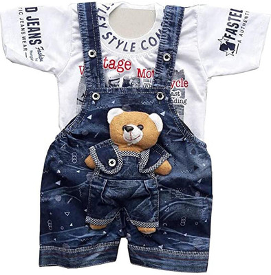 TENDERCAREE Dungaree For Baby Boys & Baby Girls Casual Printed, Applique Cotton Blend(Blue, Pack of 1)