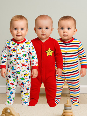 KidBee Romper For Baby Boys & Baby Girls Party Striped, Solid, Printed Hosiery, Pure Cotton(Multicolor, Pack of 3)