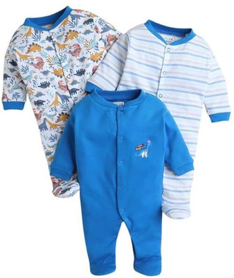 SME Romper For Baby Boys & Baby Girls Casual Solid, Striped, Printed Cotton Blend(Blue, Pack of 3)