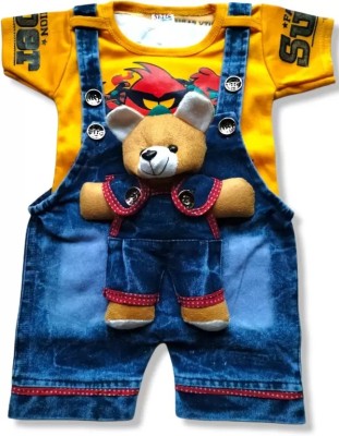 HAMPU Dungaree For Baby Boys & Baby Girls Casual Printed, Applique Cotton Blend(Yellow, Pack of 1)