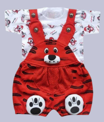leo collection Dungaree For Baby Boys & Baby Girls Casual Printed, Applique Cotton Blend(Red, Pack of 1)