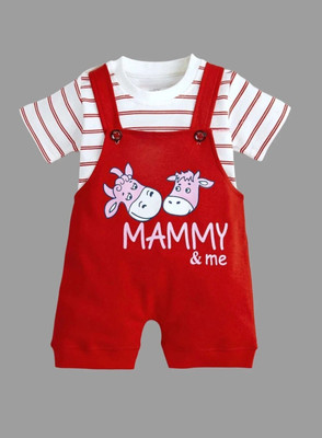 Delta Fashion Dungaree For Baby Boys & Baby Girls Party Embroidered Pure Cotton(Red, Pack of 1)