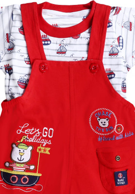 Roblefly Dungaree For Baby Boys & Baby Girls Striped, Graphic Print Pure Cotton(Red, Pack of 1)