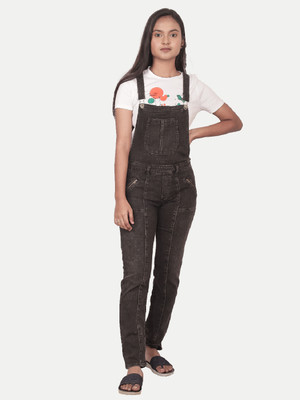 radprix Dungaree For Girls Casual Solid Cotton Blend(Black, Pack of 1)