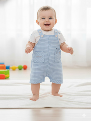 Pompidou Dungaree For Baby Boys Casual Printed Pure Cotton(Blue, Pack of 1)