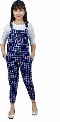 PERFECTPIVOT Dungaree For Girls Casual Checkered Cotton Blend(Dark Blue, Pack of 1)