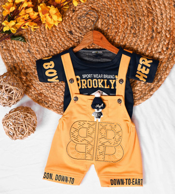 AAREYA Dungaree For Baby Boys Party Graphic Print Cotton Blend(Yellow, Pack of 1)