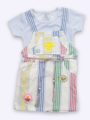 Kiko Dungaree For Girls Casual Striped Pure Cotton(Blue, Pack of 1)