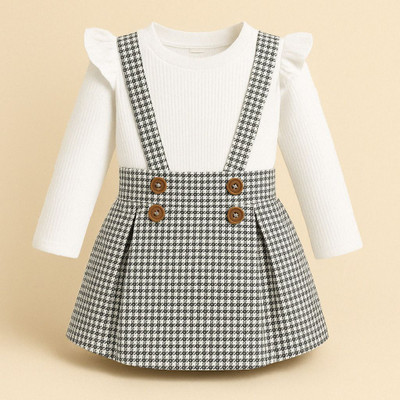 Stinity Dungaree For Girls Party Checkered Cotton Blend(Black, Pack of 1)