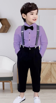 Kilimoli Boys & Girls Party(Festive) Shirt Pant, Suspenders, Bow Tie(Black-Lavender)