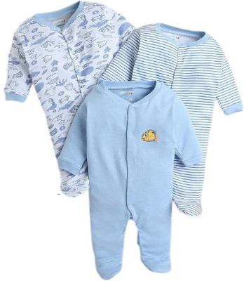 SME Romper For Baby Boys & Baby Girls Casual Solid, Striped, Printed Cotton Blend(Light Blue, Pack of 3)