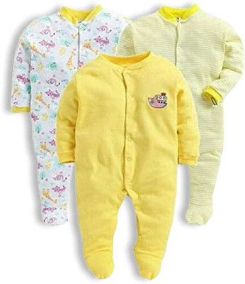 Mahadev Impex Romper For Baby Boys & Baby Girls Casual Printed Pure Cotton(Yellow, Pack of 3)