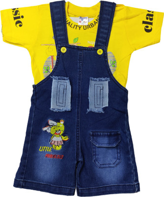 MURLI Dungaree For Baby Boys & Baby Girls Casual Printed Pure Cotton, Denim Lycra Blend(Yellow, Pack of 1)