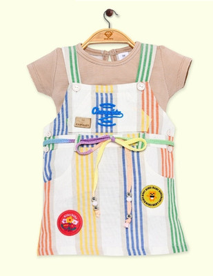 Kiko Dungaree For Girls Casual Striped Pure Cotton(Beige, Pack of 1)