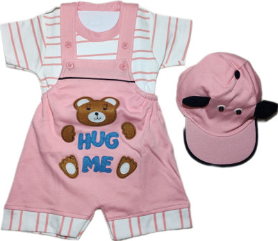 NKG FASHION Dungaree For Baby Boys & Baby Girls Casual Printed Cotton Blend(Pink, Pack of 1)