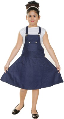 SKDC Dungaree For Girls Party Solid Cotton Blend(Dark Blue, Pack of 1)