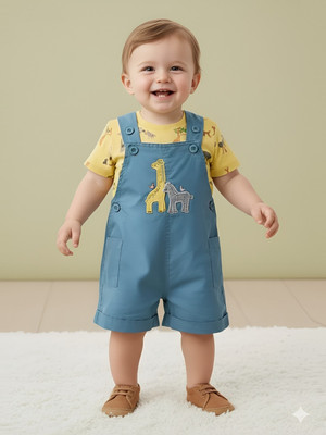 Pompidou Dungaree For Baby Boys Casual Printed Pure Cotton(Green, Pack of 1)