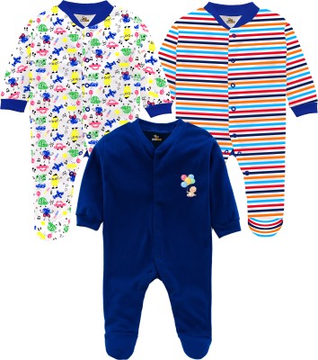 KidBee Romper For Baby Boys & Baby Girls Casual Striped, Printed Cotton Blend(Multicolor, Pack of 3)