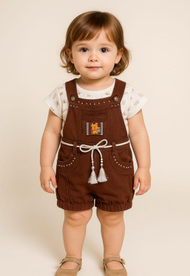 Buble Duble Dungaree For Baby Girls Party Printed Cotton Blend, Denim(Brown, Pack of 1)