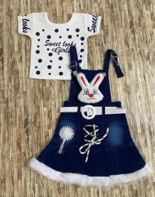 NextGen Dungaree For Baby Girls Party Printed Denim(Blue, Pack of 1)