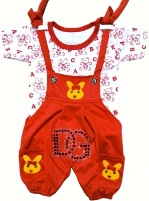 jk and company Dungaree For Baby Boys & Baby Girls Casual Printed, Embellished Cotton Blend(Red, Pack of 1)