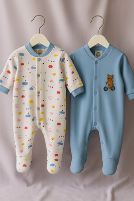 kidiyo Romper For Baby Boys & Baby Girls Printed Cotton Blend(Blue, Pack of 2)