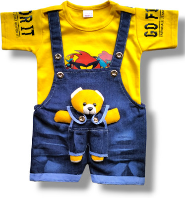 LIMITED EDITION PRIME Dungaree For Baby Boys & Baby Girls Casual Printed, Applique Cotton Blend(Yellow, Pack of 1)