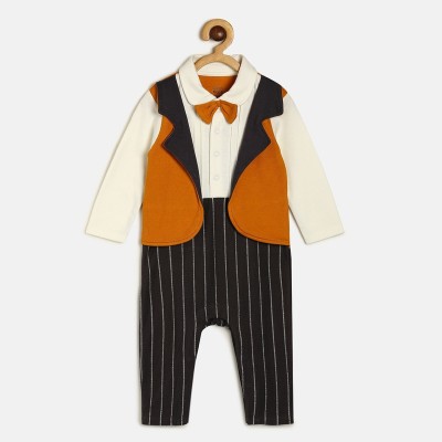 MINI KLUB Romper For Baby Boys Striped Pure Cotton(Brown, Pack of 1)
