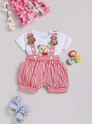 Tintin Dungaree For Baby Boys & Baby Girls Casual Striped Cotton Blend(Red, Pack of 1)