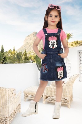 Mynxe Dungaree For Girls Casual Printed Denim, Pure Cotton(Pink, Pack of 1)