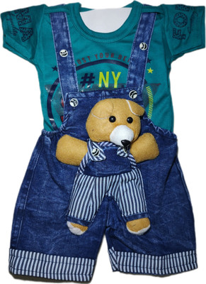 NKG FASHION Dungaree For Baby Boys & Baby Girls Casual Printed, Applique Denim(Blue, Pack of 1)