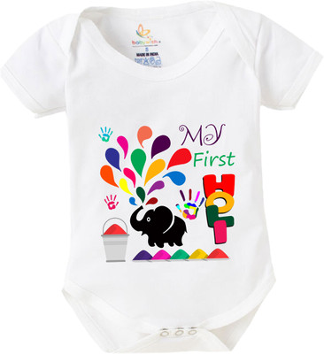 Babywish Romper For Baby Boys & Baby Girls Casual Printed Cotton Blend(White, Pack of 1)