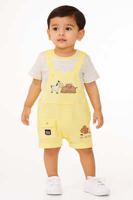 bina fashion Dungaree For Baby Boys Printed Cotton Blend(Yellow, Pack of 1)