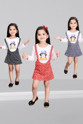 KHUKU FASHION Dungaree For Baby Girls Party Graphic Print Cotton Blend(Multicolor, Pack of 3)