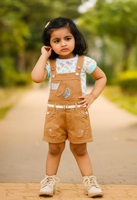 Buble Duble Dungaree For Baby Girls Casual Floral Print Hosiery, Denim(Brown, Pack of 1)